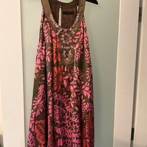 Zara Pink and Brown Floral Satin  Dress with Details